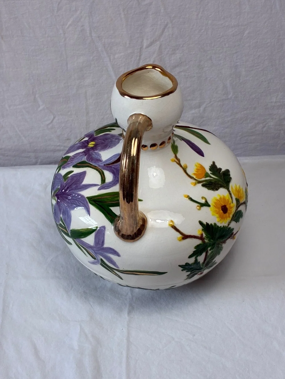 Vintage Hand-Painted Floral Ceramic Pitcher with Gold Accents - 8.5 in Height